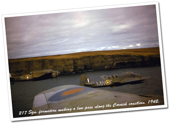 217 Sqn. formation making a low pass along the Cornish coastline, 1942.