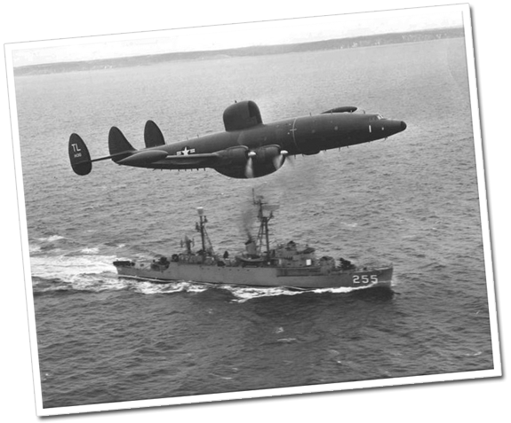 A U.S. Navy Lockheed WV-2 Warning Star (BuNo 141310) of early warning swquadron VW-15 flies over the Edsall-class radar picket destroyer escort USS Sellstrom (DER-255) off the coast of Newfoundland, Canada, in March 1957. The WV-2 141310 disappeared on 20 February 1958 300 km north of the Azores in the Atlantic Ocean. No trace of the aircraft or the crew of 22 was ever found.